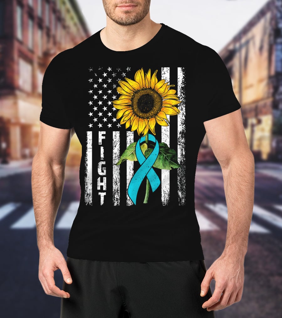 America Flag Sunflower Teal Ribbon Ovari Fight T-Shirt