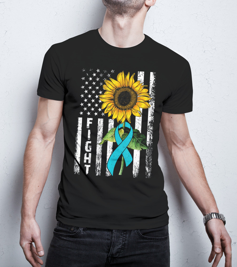 America Flag Sunflower Teal Ribbon Ovari Fight T-Shirt