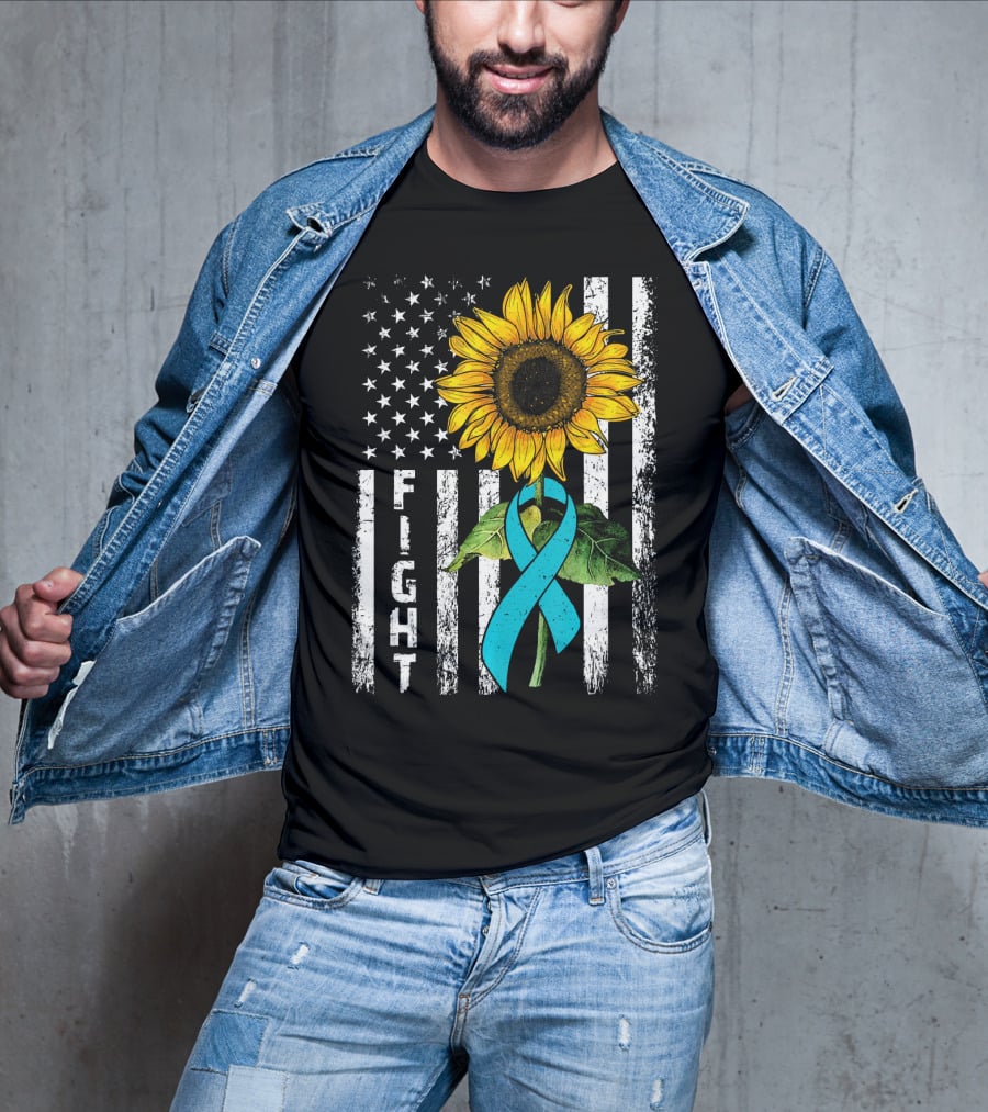 America Flag Sunflower Teal Ribbon Ovari Fight T-Shirt