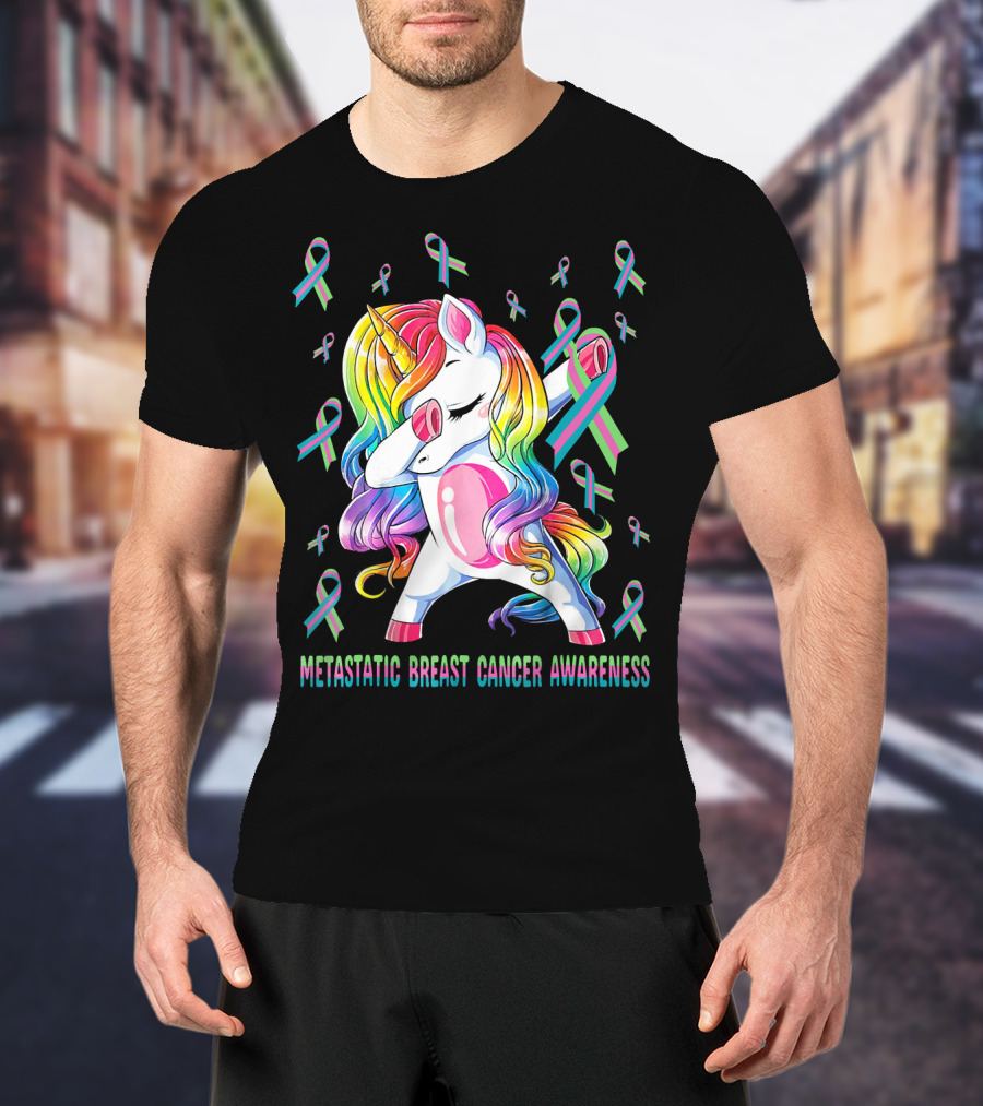 Metastatic Breast Cancer Awareness Unicorn Dabbing With Ribbons T-Shirt