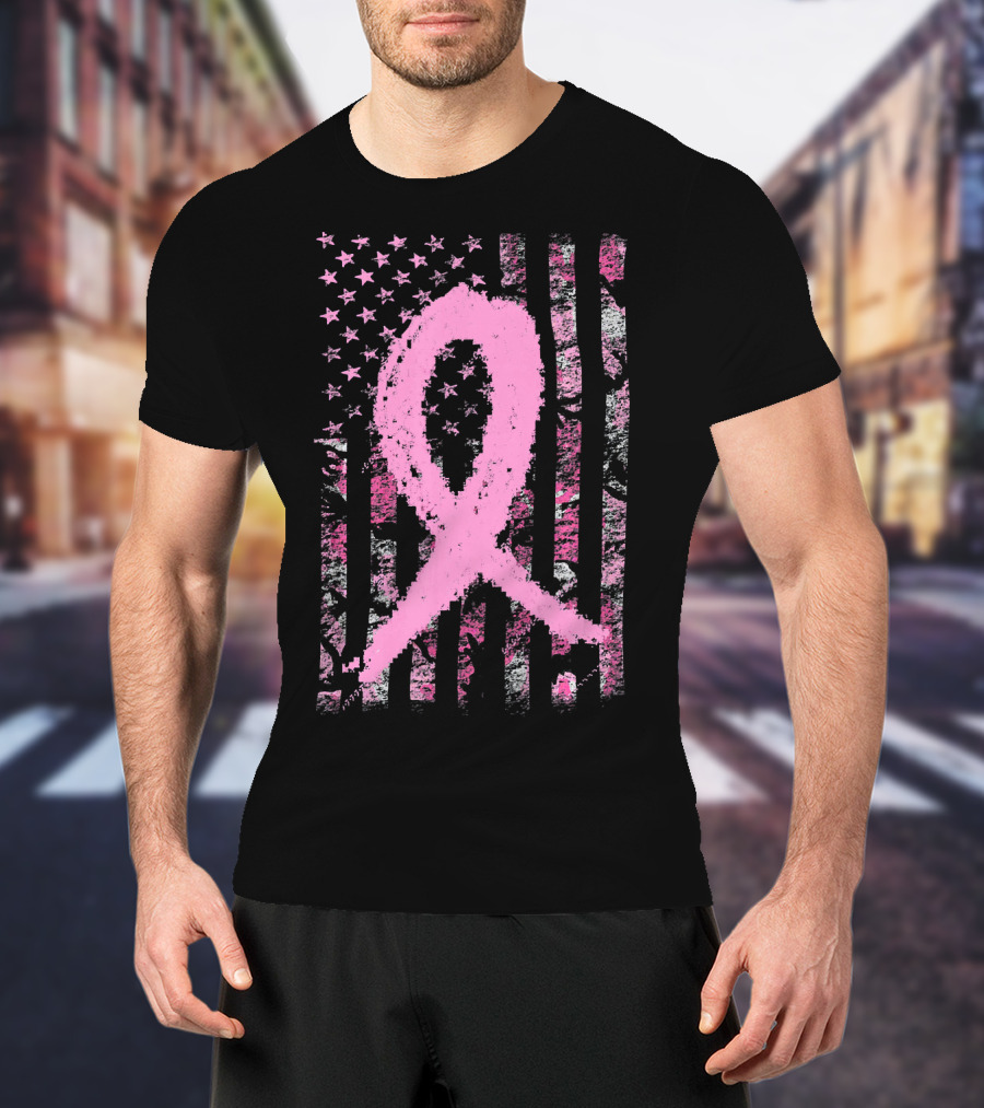 Pink Breast Cancer Ribbon Camouflage American Flag T-Shirt