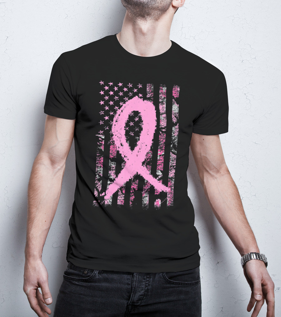 Pink Breast Cancer Ribbon Camouflage American Flag T-Shirt