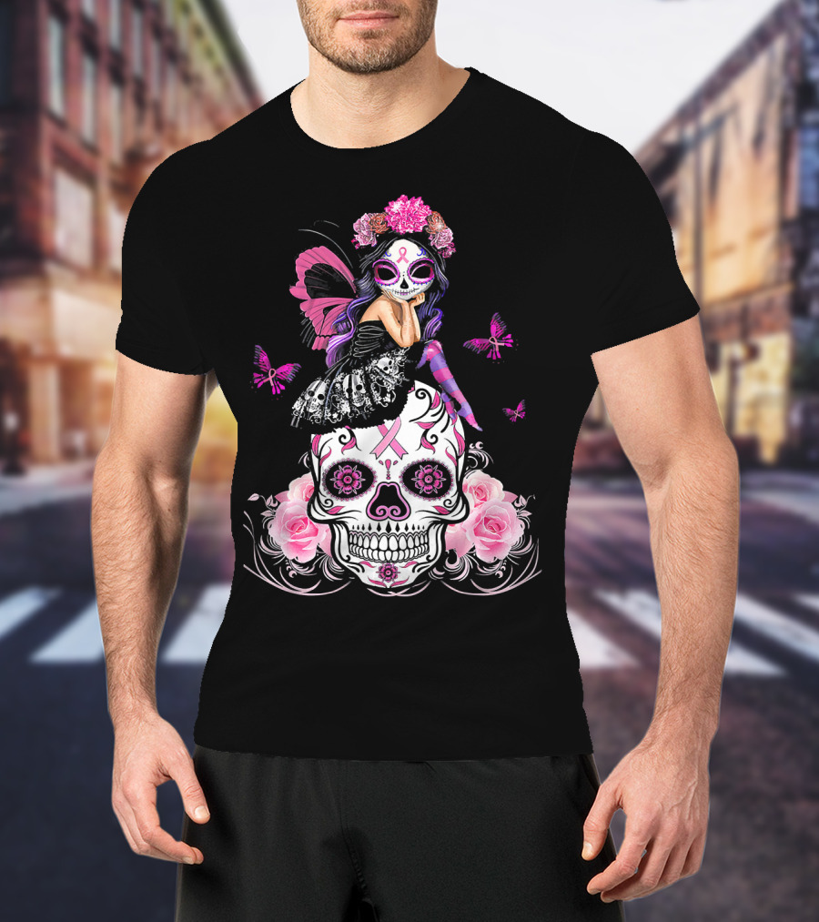 Cute Fairy Sugar Skull Breast Cancer Awareness T-Shirt