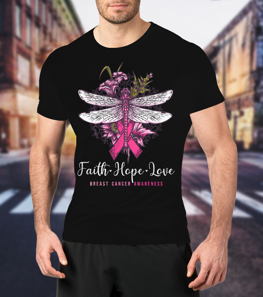 Faith Hope Love Breast Cancer Awareness Dragonfly Pink Ribbon Floral Motif T-Shirt