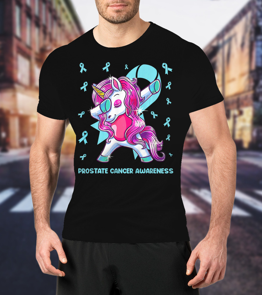 Unicorn Dabbing Prostate Cancer Awareness Ribbons T-Shirt