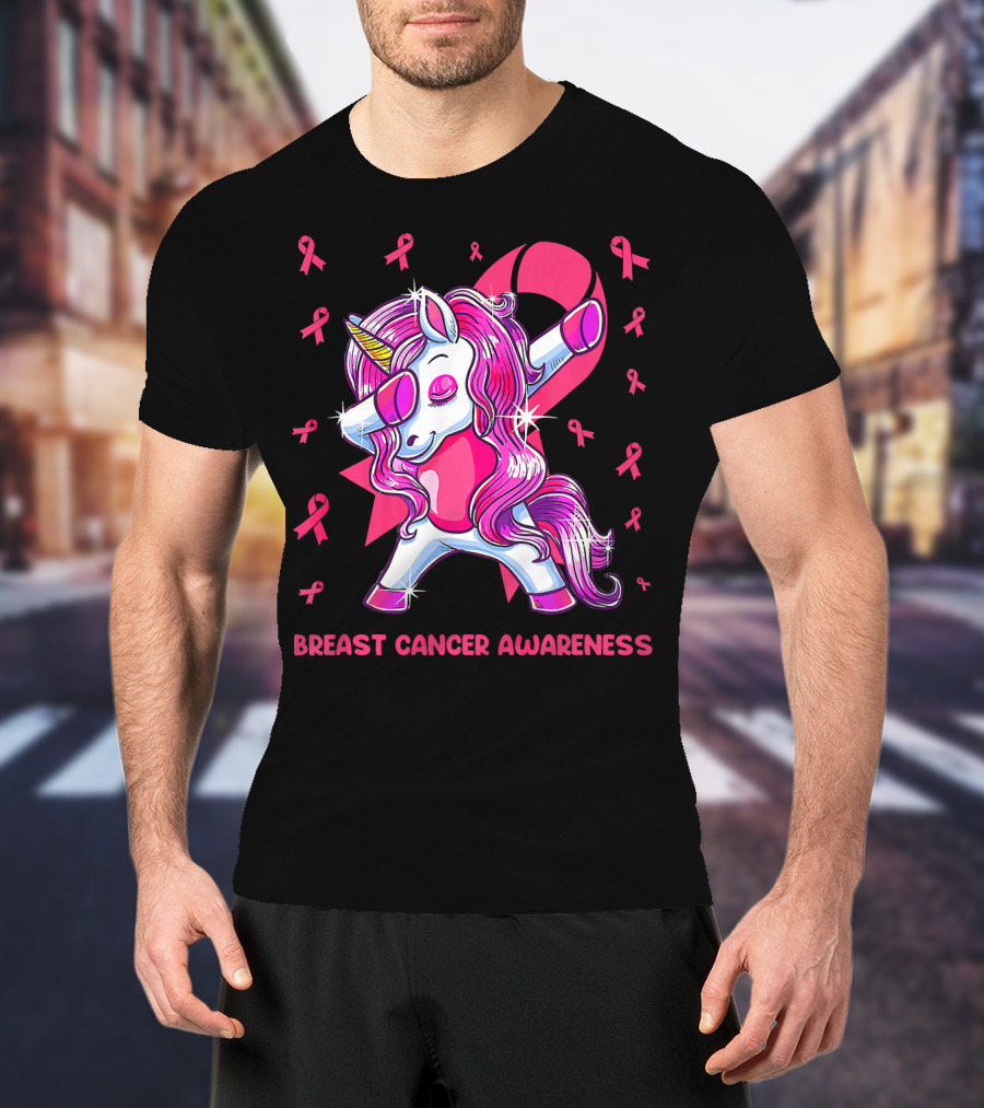 Breast Cancer Awareness Dabbing Unicorn Pink T-Shirt