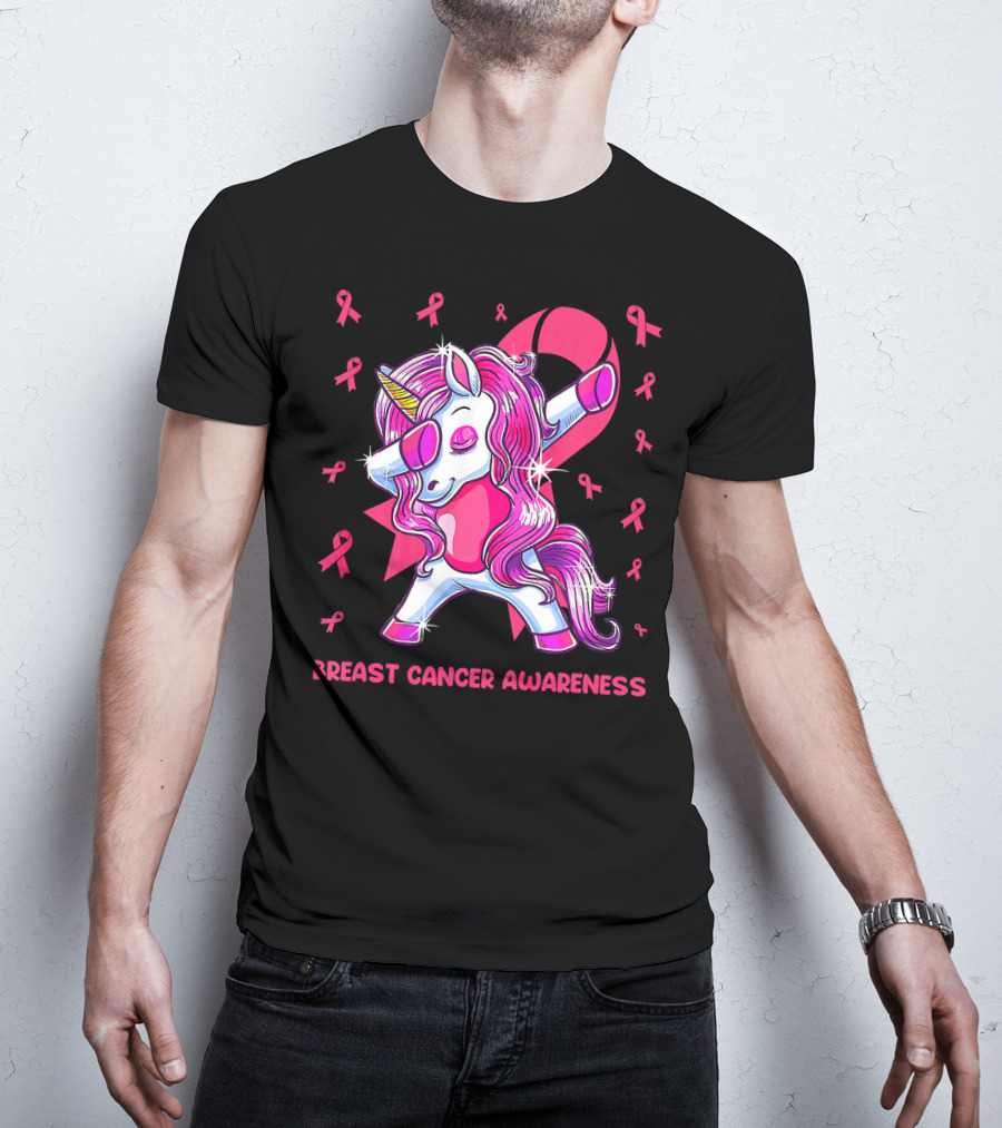 Breast Cancer Awareness Dabbing Unicorn Pink T-Shirt