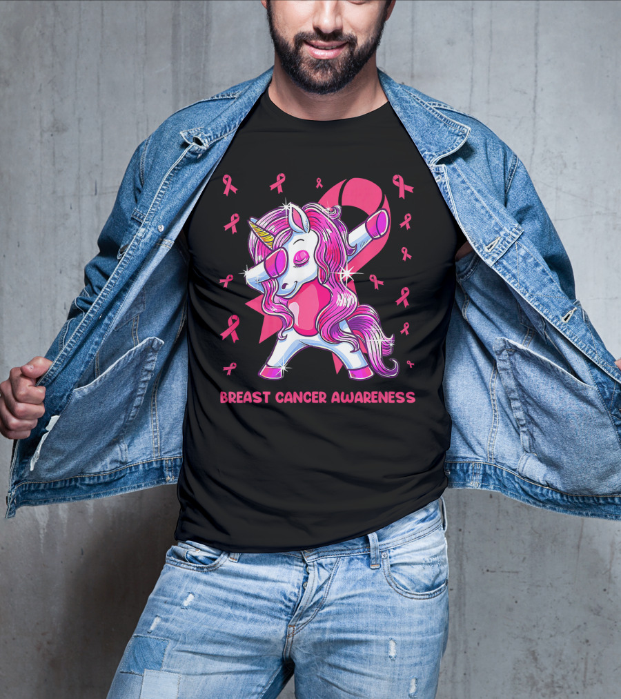 Breast Cancer Awareness Dabbing Unicorn Pink T-Shirt