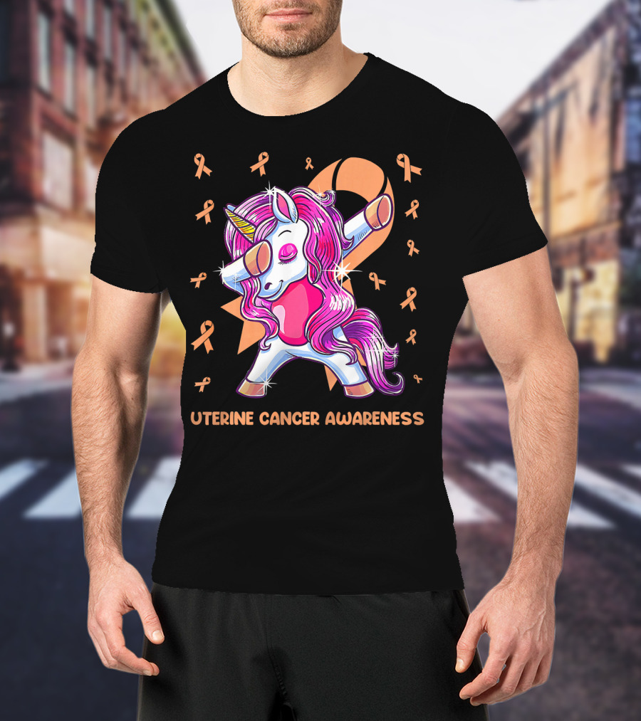 Dabbing Unicorn With Pink Ribbon For Uterine Cancer Awareness T-Shirt