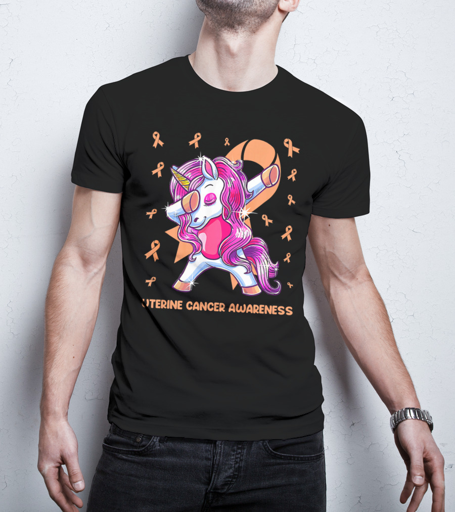 Dabbing Unicorn With Pink Ribbon For Uterine Cancer Awareness T-Shirt
