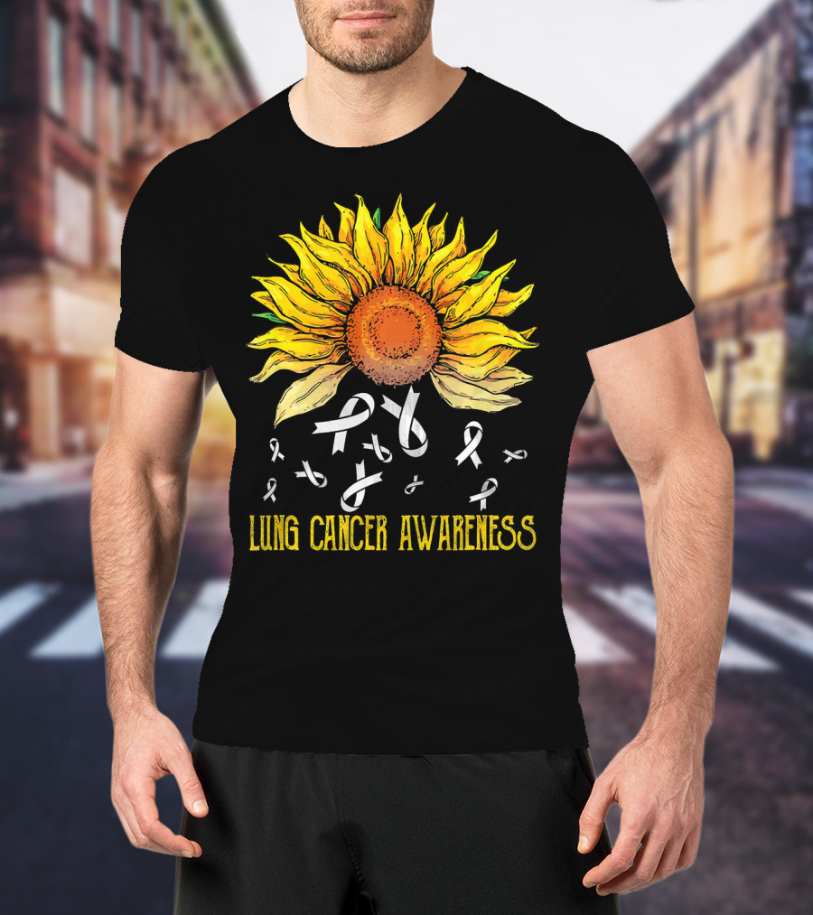 Lung Cancer Awareness Sunflower With White Ribbons T-Shirt