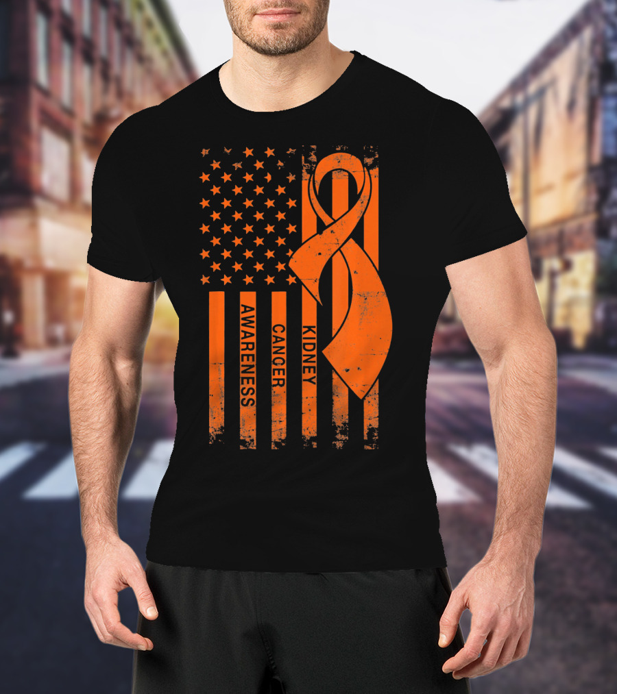 Kidney Cancer Awareness Orange Ribbon American Flag T-Shirt