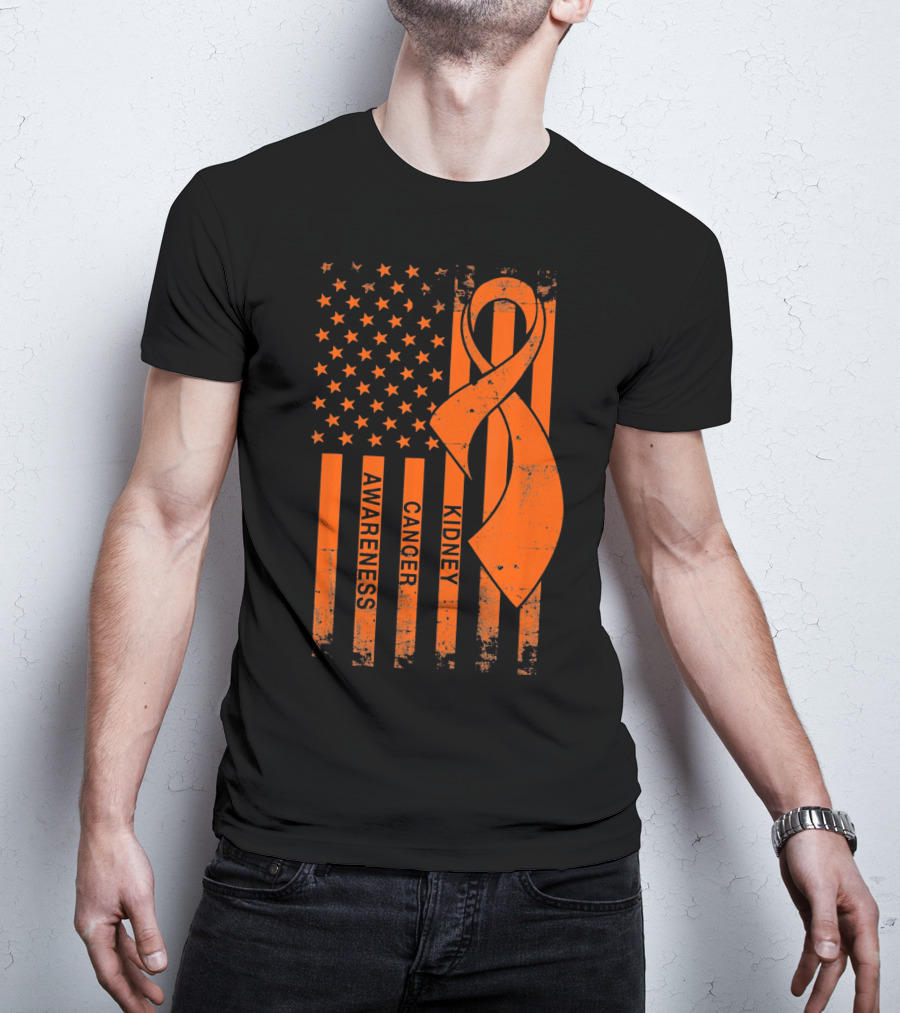 Kidney Cancer Awareness Orange Ribbon American Flag T-Shirt