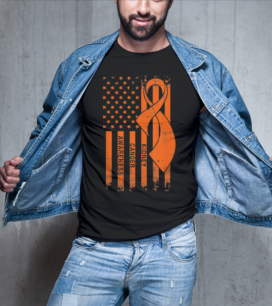 Kidney Cancer Awareness Orange Ribbon American Flag T-Shirt