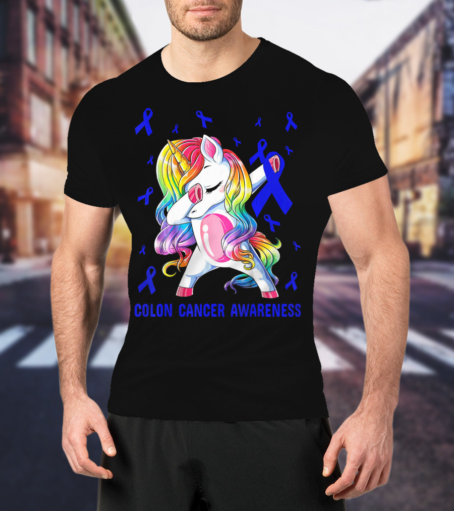 Colon Cancer Awareness Unicorn Dabbing With Blue Ribbons T-Shirt