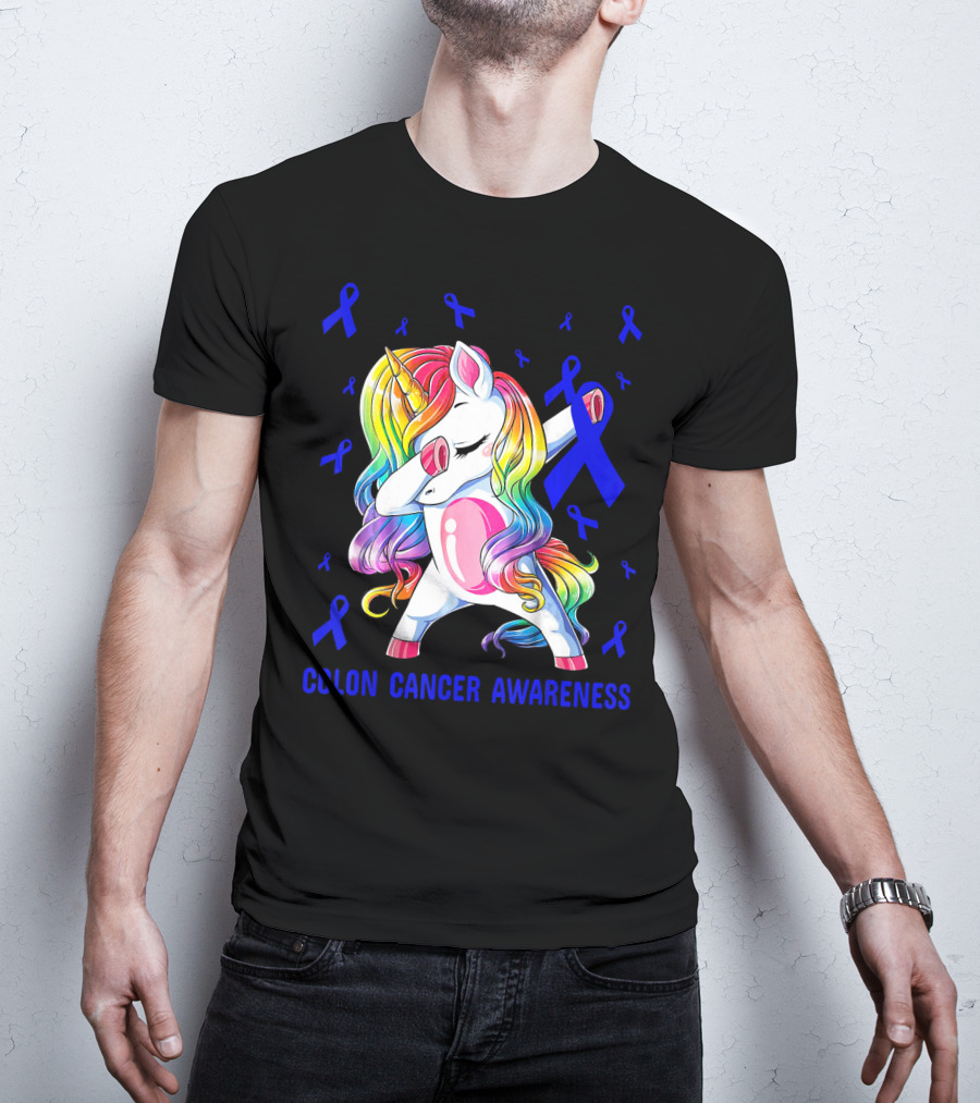 Colon Cancer Awareness Unicorn Dabbing With Blue Ribbons T-Shirt