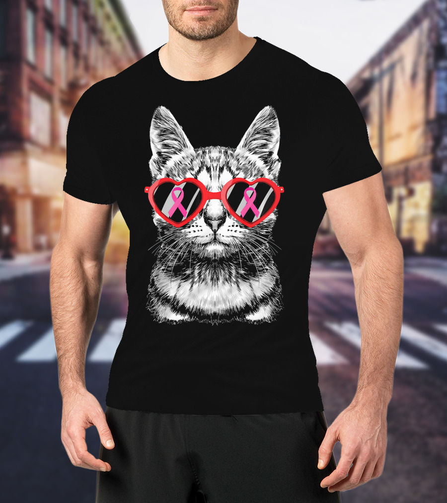 Breast Cancer Awareness Pink Ribbon Cat Heart Glasses Costume T-Shirt