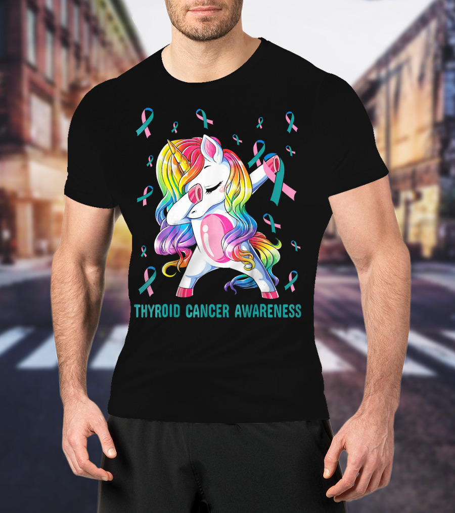 Dabbing Unicorn Rainbow Thyroid Cancer Awareness T-Shirt