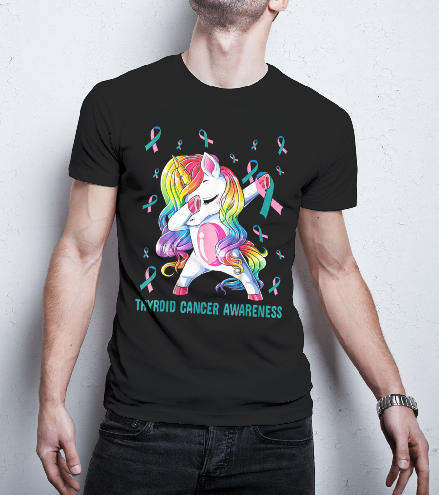 Dabbing Unicorn Rainbow Thyroid Cancer Awareness T-Shirt