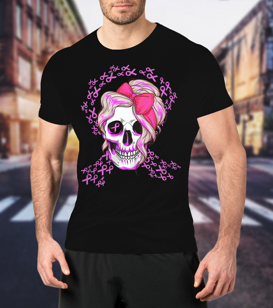 Sugar Skull Pink Ribbon Breast Cancer Awareness T-Shirt