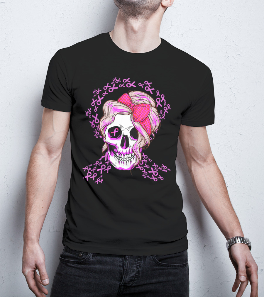 Sugar Skull Pink Ribbon Breast Cancer Awareness T-Shirt