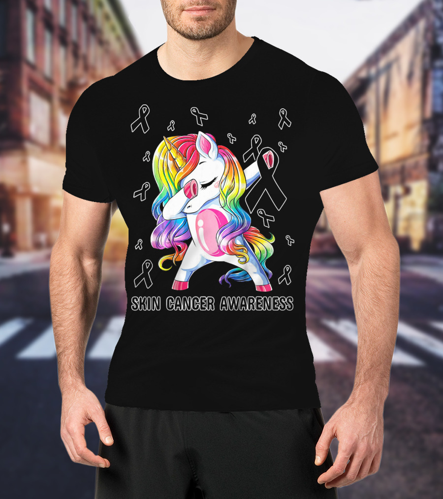 Skin Cancer Awareness Unicorn Dabbing With Ribbons T-Shirt