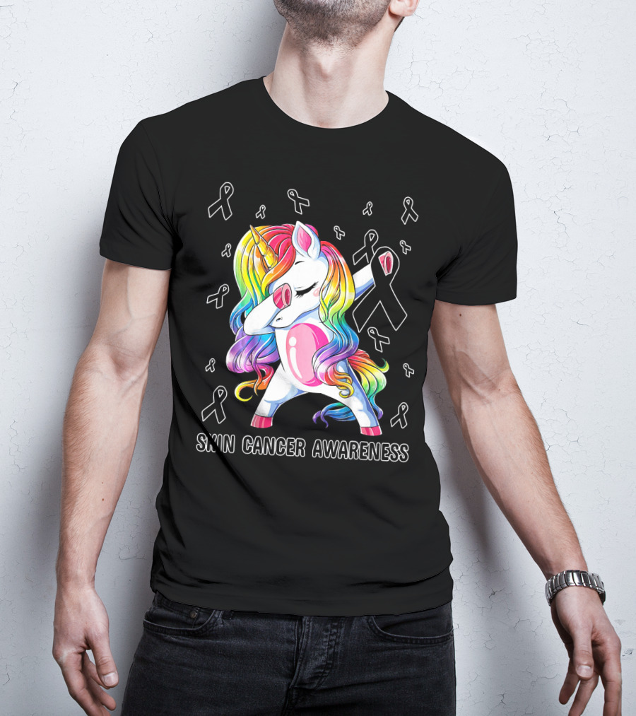 Skin Cancer Awareness Unicorn Dabbing With Ribbons T-Shirt