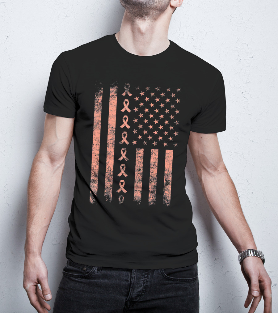 Uterine Cancer Awareness Ribbon American Flag Peac T-Shirt