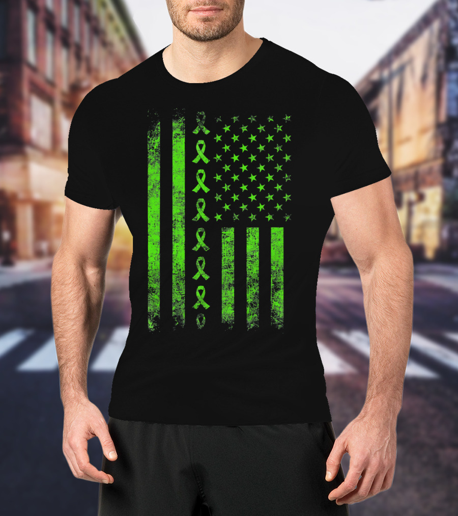 Lymphoma Cancer Awareness Lime Green Ribbon American Flag T-Shirt