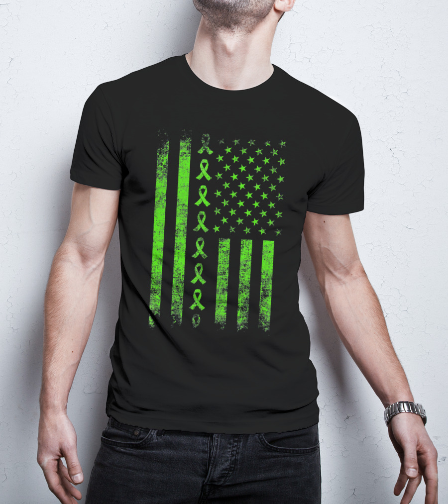 Lymphoma Cancer Awareness Lime Green Ribbon American Flag T-Shirt