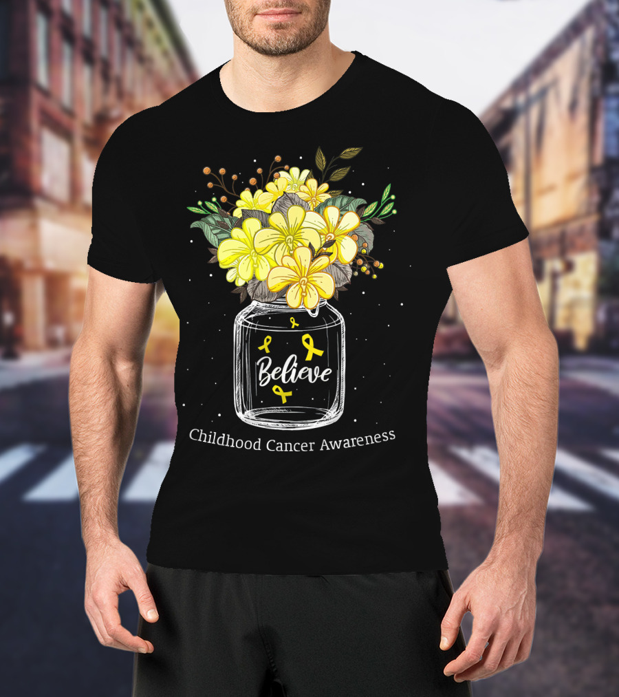 Believe Yellow Ribbon Childhood Cancer Awareness Flower Bouquet T-Shirt