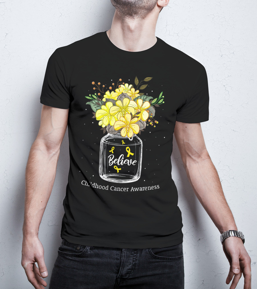 Believe Yellow Ribbon Childhood Cancer Awareness Flower Bouquet T-Shirt