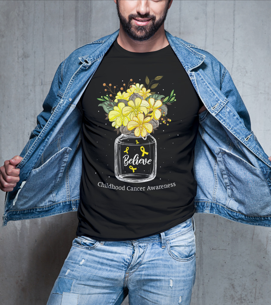 Believe Yellow Ribbon Childhood Cancer Awareness Flower Bouquet T-Shirt