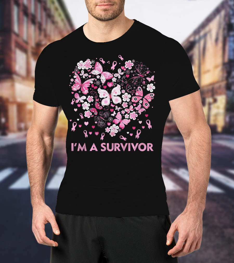 I'm A Survivor Heart Pink Ribbon Butterfly Flowers T-Shirt