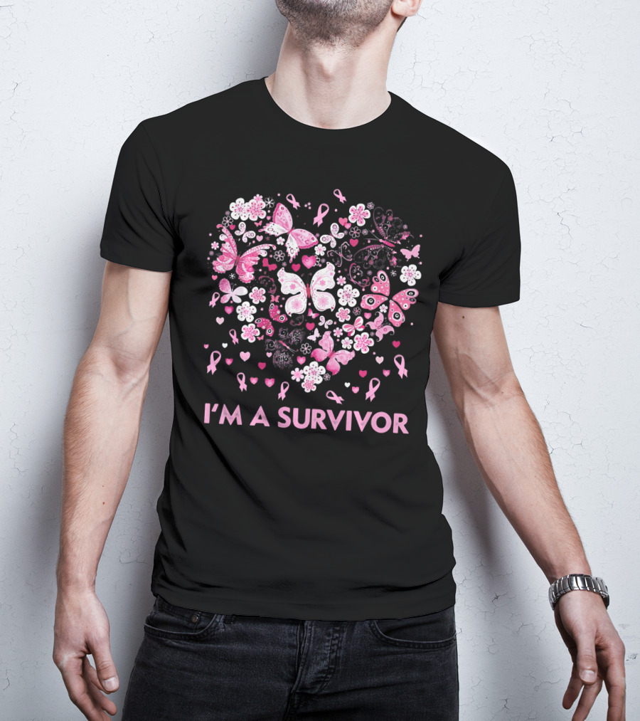 I'm A Survivor Heart Pink Ribbon Butterfly Flowers T-Shirt