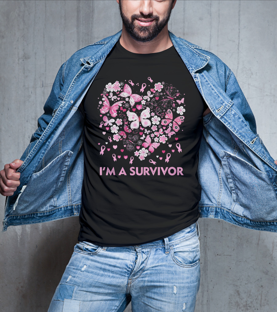 I'm A Survivor Heart Pink Ribbon Butterfly Flowers T-Shirt