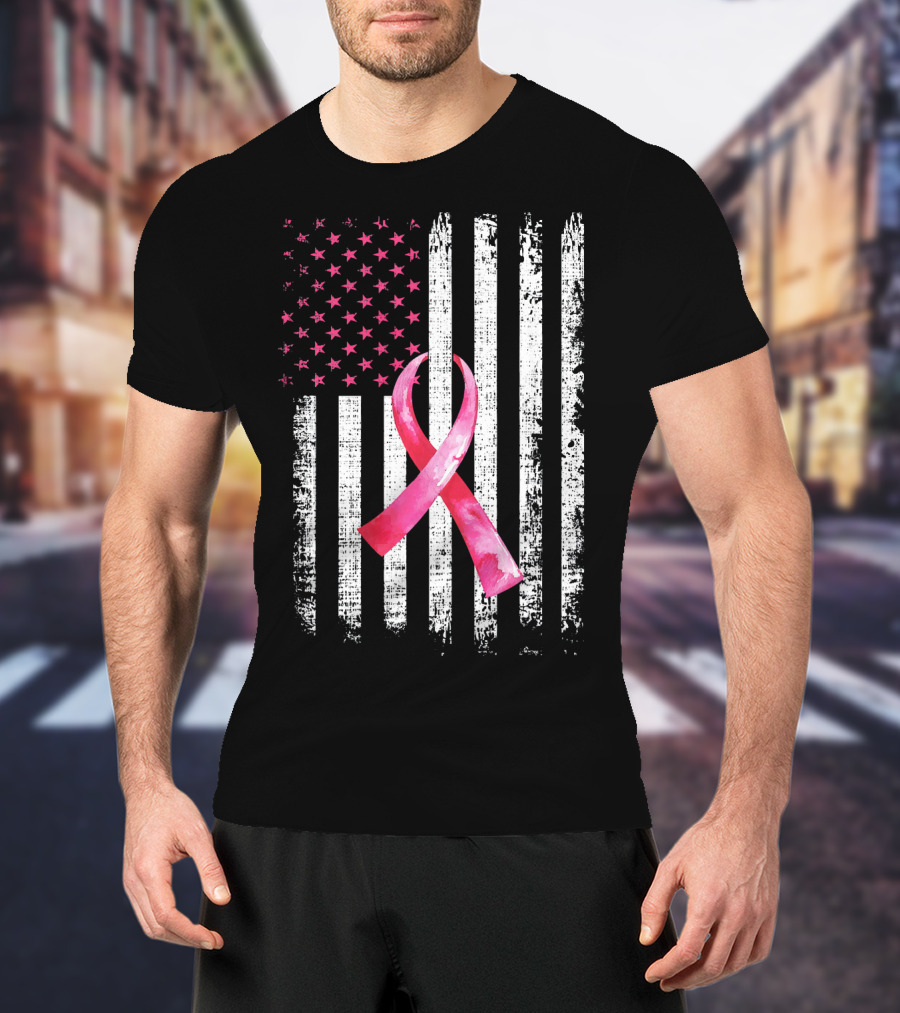 Breast Cancer Awareness Pink Ribbon American Flag Fight T-Shirt