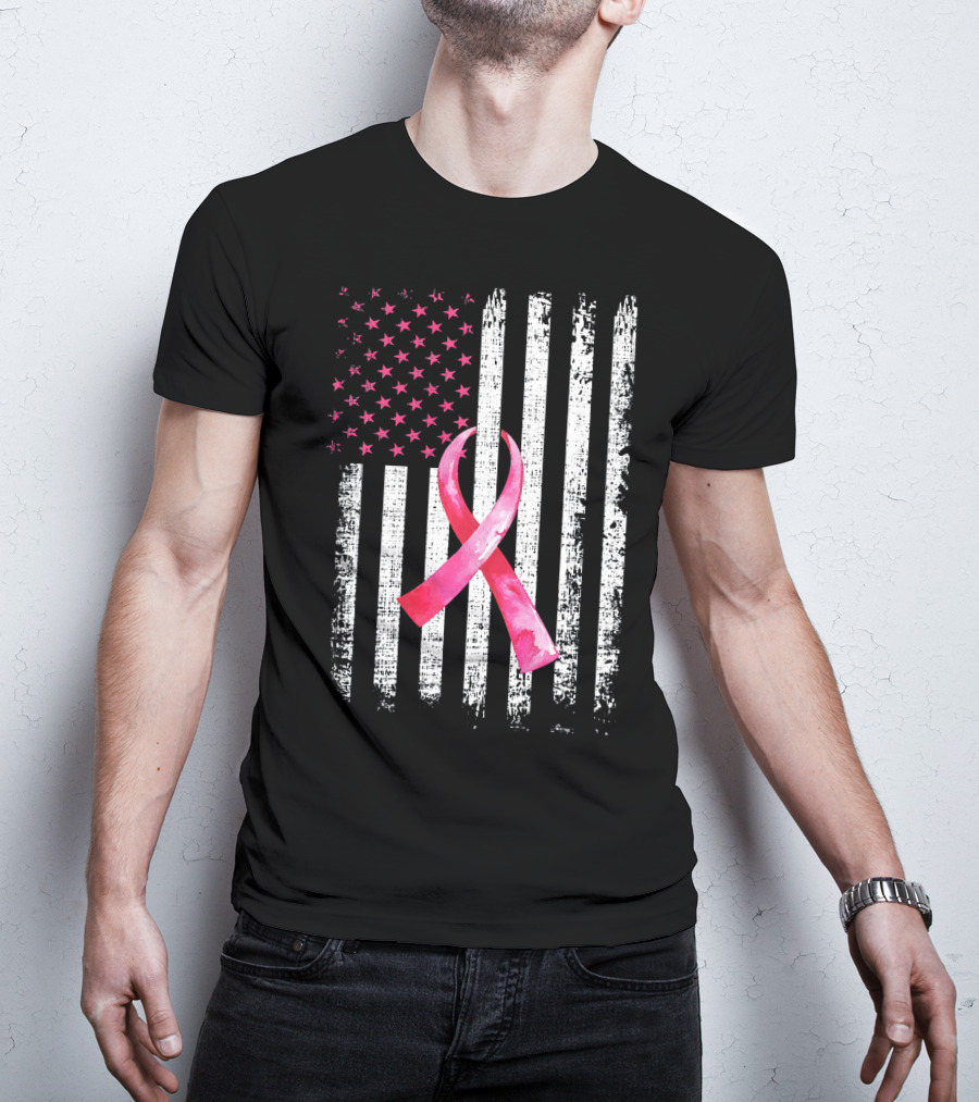 Breast Cancer Awareness Pink Ribbon American Flag Fight T-Shirt
