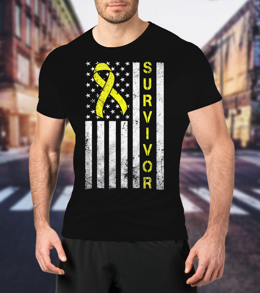 Survivor Yellow Ribbon USA Flag Childhood Cancer Awareness T-Shirt