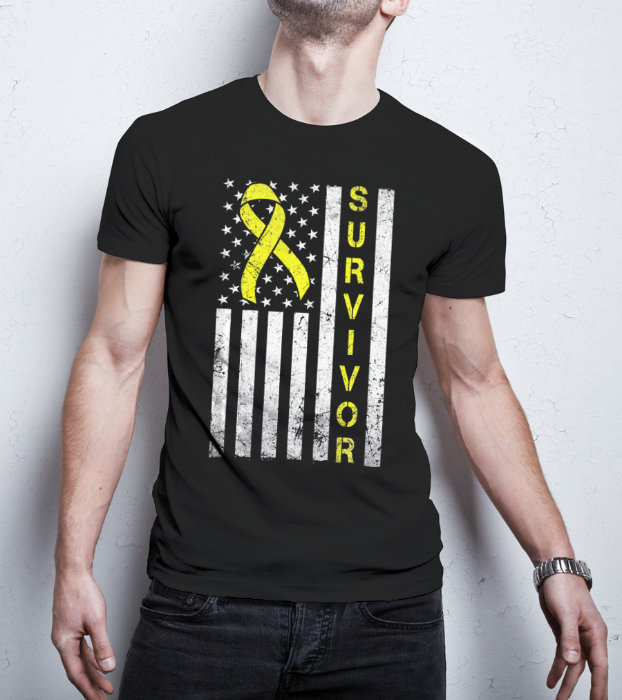 Survivor Yellow Ribbon USA Flag Childhood Cancer Awareness T-Shirt