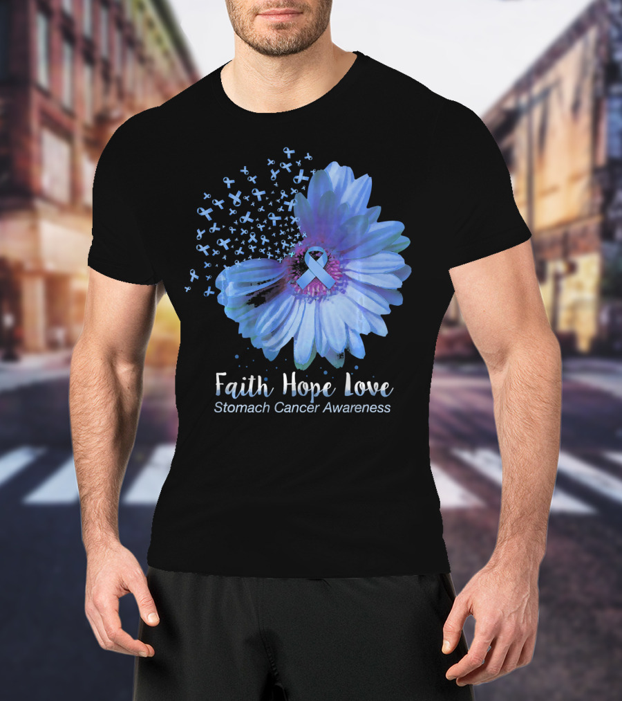 Faith Hope Love Stomach Cancer Awareness Blue Flower T-Shirt