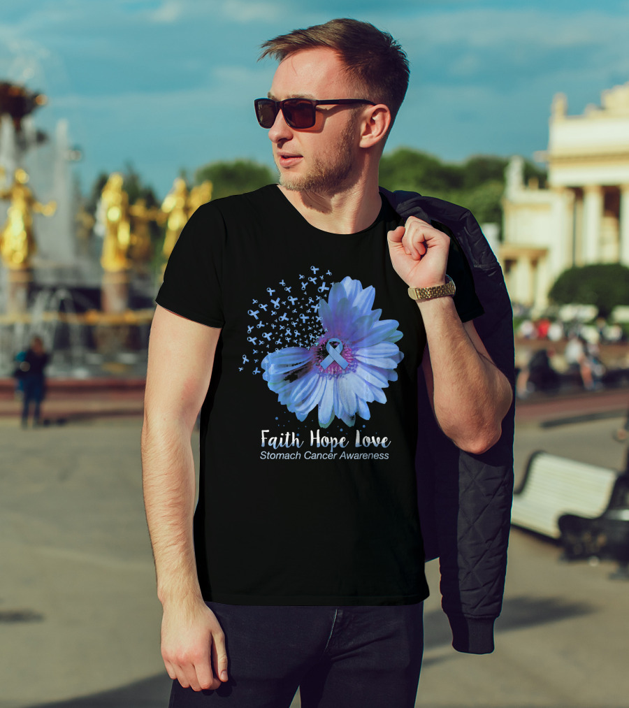 Faith Hope Love Stomach Cancer Awareness Blue Flower T-Shirt