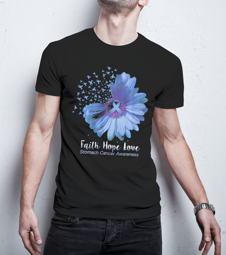 Faith Hope Love Stomach Cancer Awareness Blue Flower T-Shirt