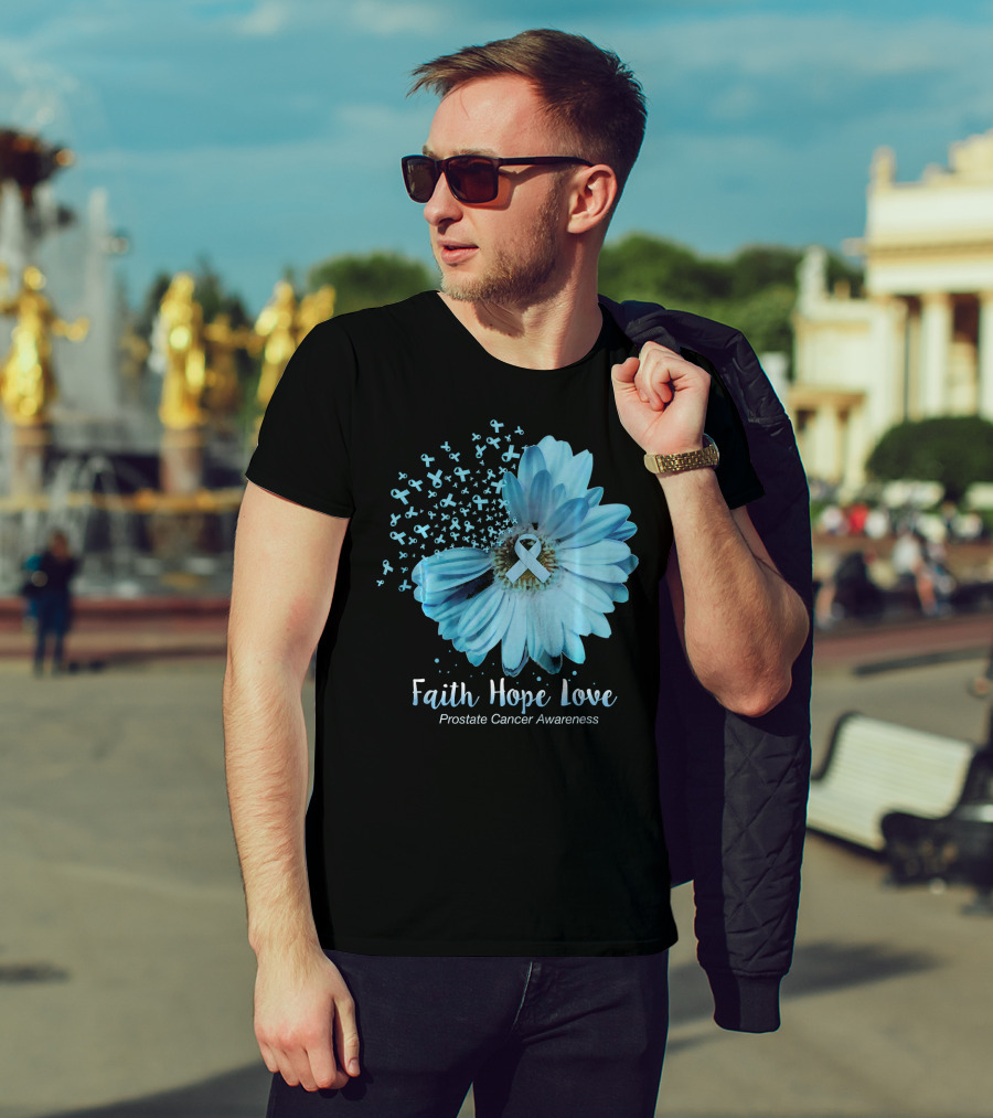 Faith Hope Love Prostate Cancer Awareness Blue Ribbon Flower T-Shirt