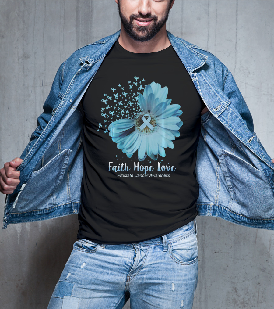 Faith Hope Love Prostate Cancer Awareness Blue Ribbon Flower T-Shirt