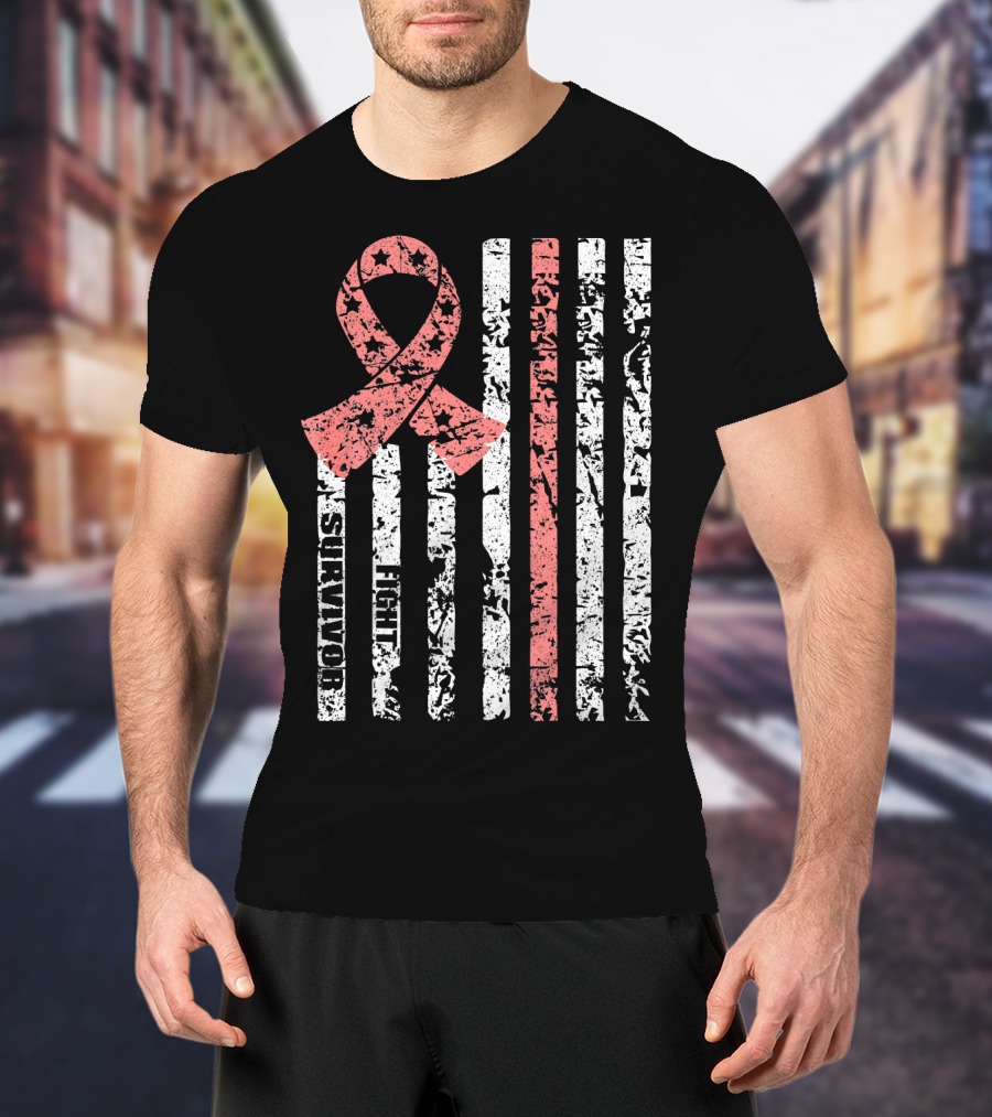 Cool Uterine Cancer Awareness Survivor Fight Ribbon Flag T-Shirt