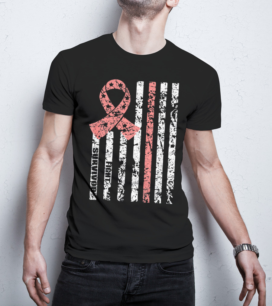 Cool Uterine Cancer Awareness Survivor Fight Ribbon Flag T-Shirt