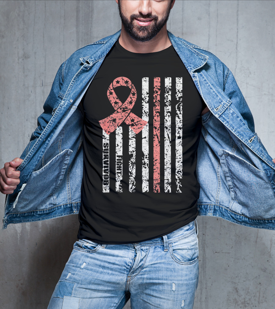Cool Uterine Cancer Awareness Survivor Fight Ribbon Flag T-Shirt