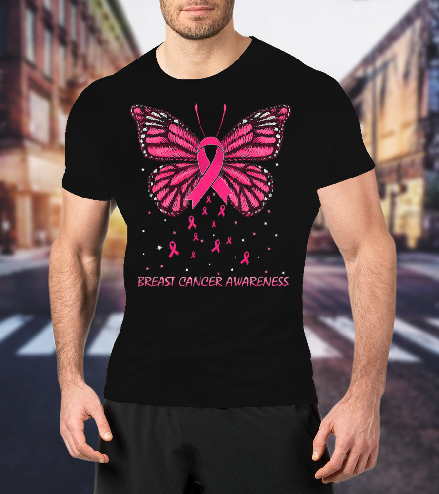 Breast Cancer Awareness Butterfly Ribbon And Stars T-Shirt