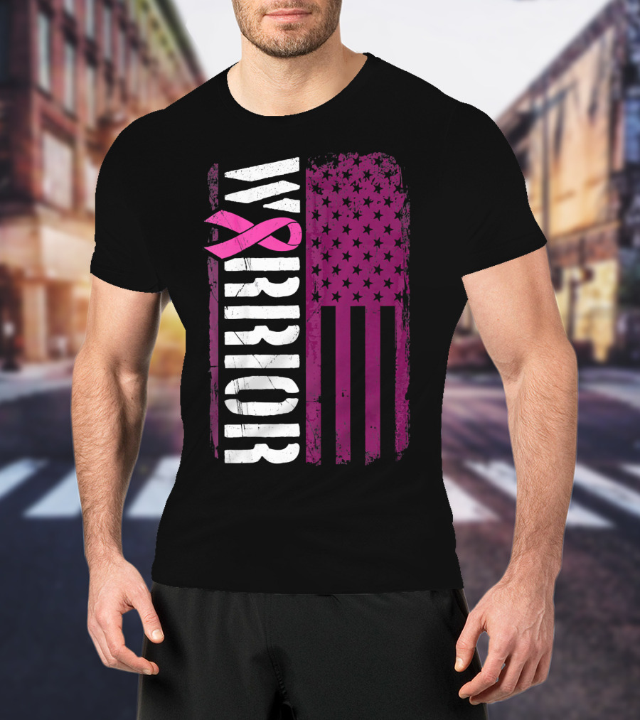 WARRIOR Breast Cancer Awareness Pink Ribbon American Flag T-Shirt